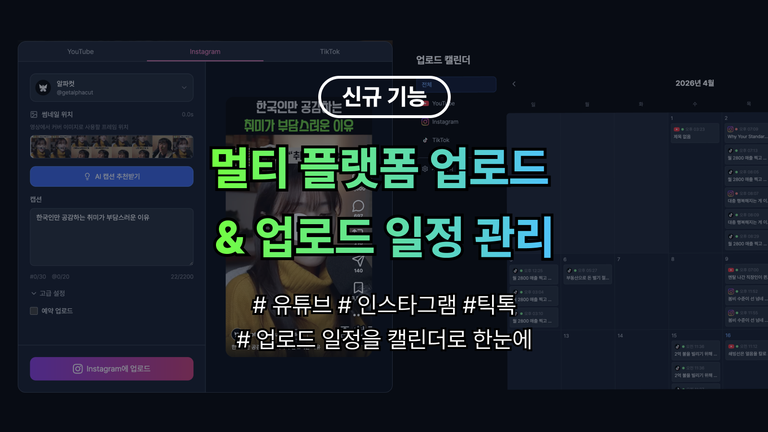 알파컷 2026년 4월 업데이트 — 인스타/틱톡 통합 업로드 · 화자 트래킹 · 자막 애니메이션